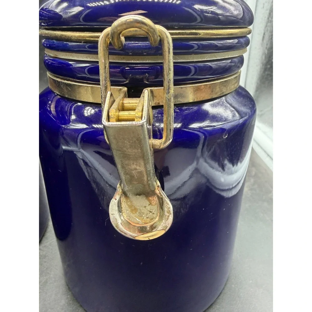 SAC Cobalt Blue Ceramic Canister Set 2 Piece Glossy Gold Tone Clamp Lid Storage